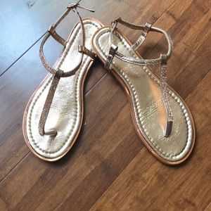 Rose gold t-strap bejeweled sandals